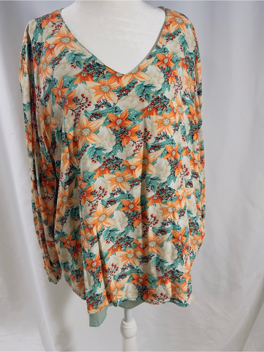 Qearal Woman Multicolor 2XL Floral Blouse Long Balloon Sleeve Elastic Wrist Pull